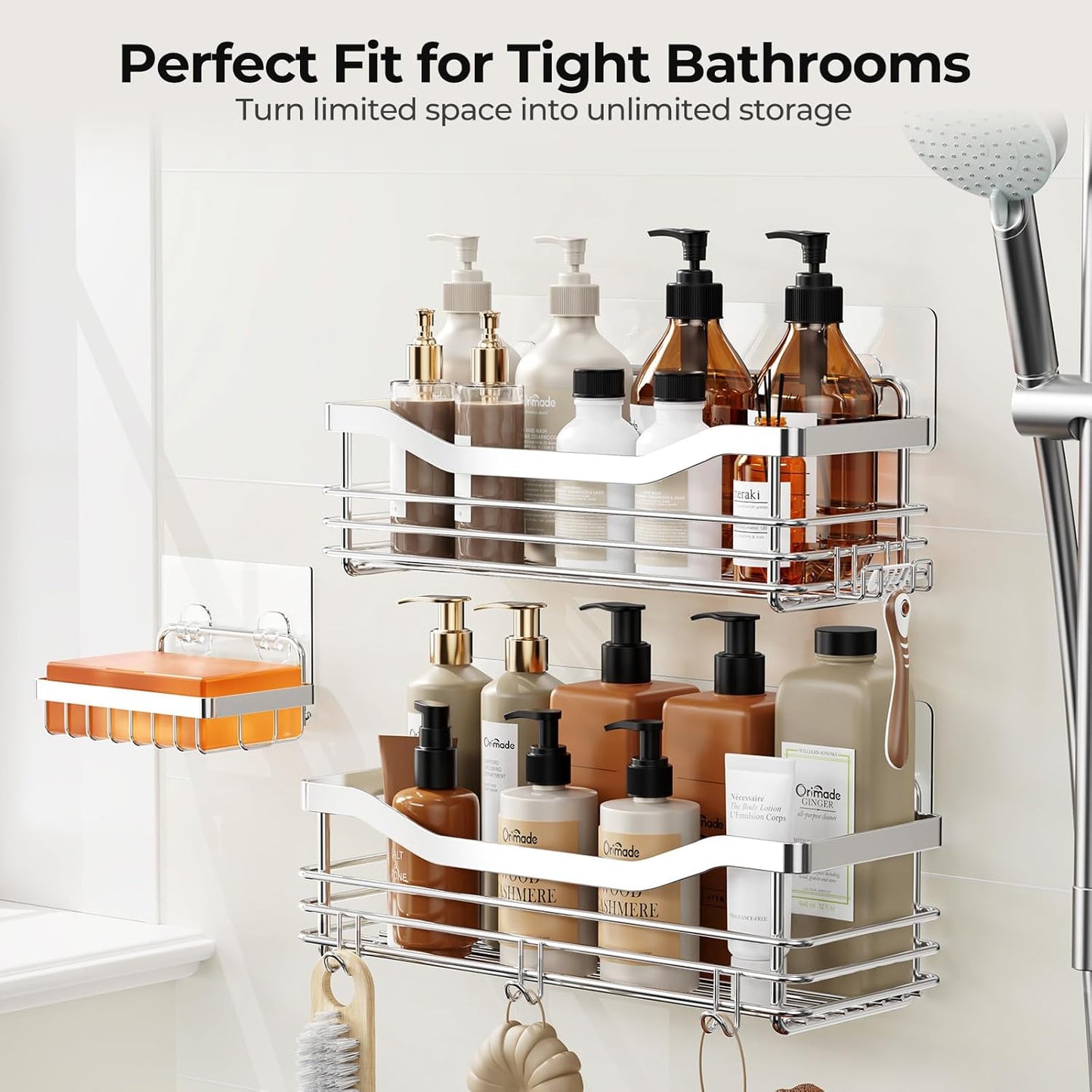 Shower Caddy Basket Soap Dish Holder Shelf with 5 Hooks Bathroom Organizer Shelf Kitchen Storage Rack Wall Mounted Adhesive No Drilling Rustproof SUS304 Stainless Steel - 3 Pack