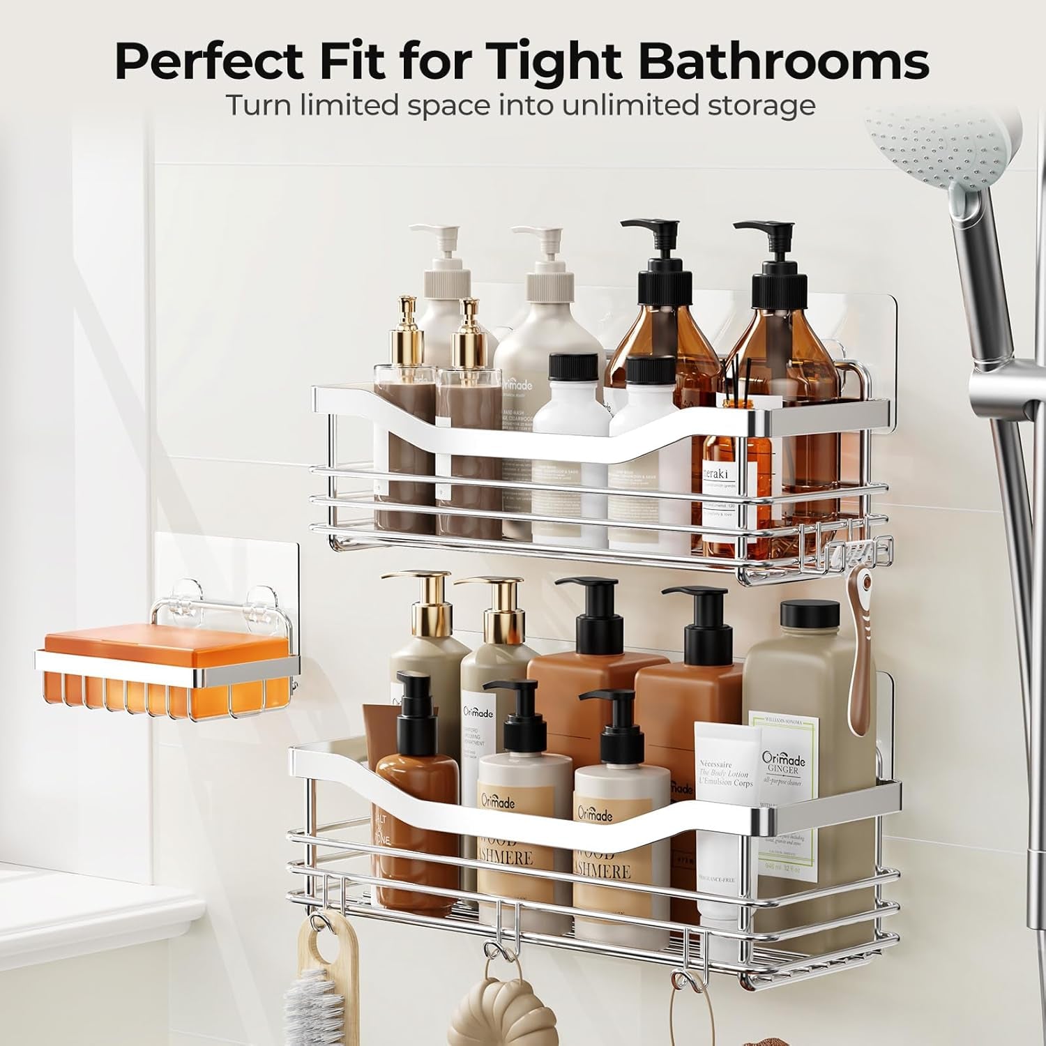 Shower Caddy Basket Soap Dish Holder Shelf with 5 Hooks Bathroom Organizer Shelf Kitchen Storage Rack Wall Mounted Adhesive No Drilling Rustproof SUS304 Stainless Steel - 3 Pack