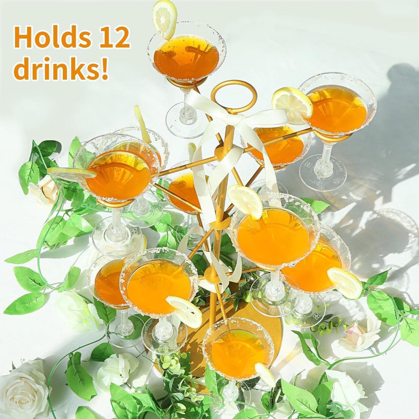 Champagne Tower,Metal Cocktail Tree Stand 3 Tier - 12 Holders for Champagne, Cocktails, Martini, Margarita Cups at Weddings,Bridal Parties & Events,Cocktail Glass Gold Holder