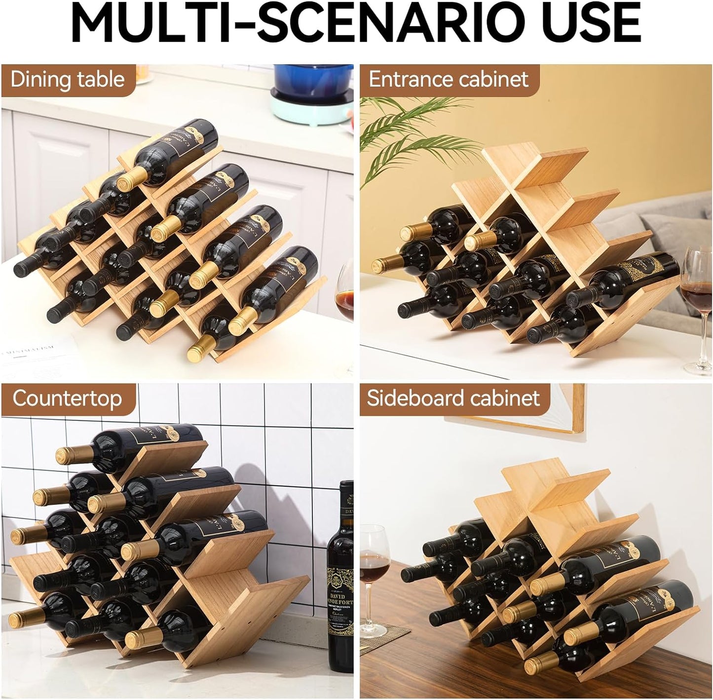 Wood Wine Rack, 13-Bottle 4-Tier Countertop Holder, Natural, 4-NA | 22.28 X 5.9 X 13.9 In, Freestanding Wooden Rack Stores 13 Wine Bottles for Counters, Cabinets, Pantry Shelves, and Home Bars