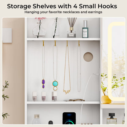 Large 47.2" Makeup Vanity with 3 Color Lights, Vanity Desk with USB Charging Station, Vanity Makeup Table with Visible Drawers, Hidden and Open Storage Shelves, White