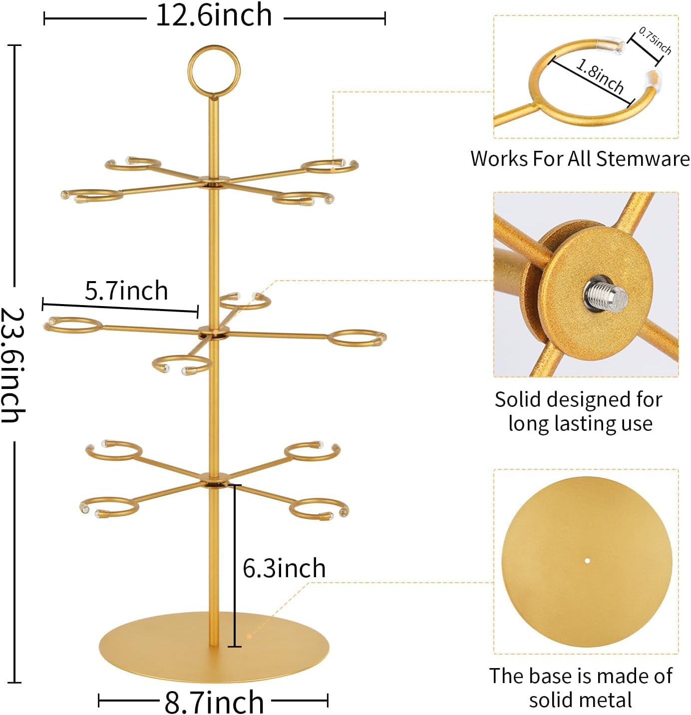 Champagne Tower,Metal Cocktail Tree Stand 3 Tier - 12 Holders for Champagne, Cocktails, Martini, Margarita Cups at Weddings,Bridal Parties & Events,Cocktail Glass Gold Holder