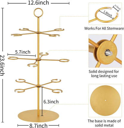 Champagne Tower,Metal Cocktail Tree Stand 3 Tier - 12 Holders for Champagne, Cocktails, Martini, Margarita Cups at Weddings,Bridal Parties & Events,Cocktail Glass Gold Holder