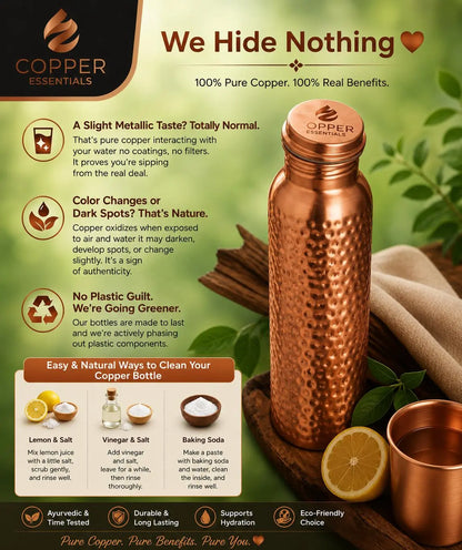 Copper 32Oz Water Bottle - 100% Pure Copper, Heavy-Duty, Leak-Proof, Cleaning Brush Included, Ideal for Drinkware - Tumbler