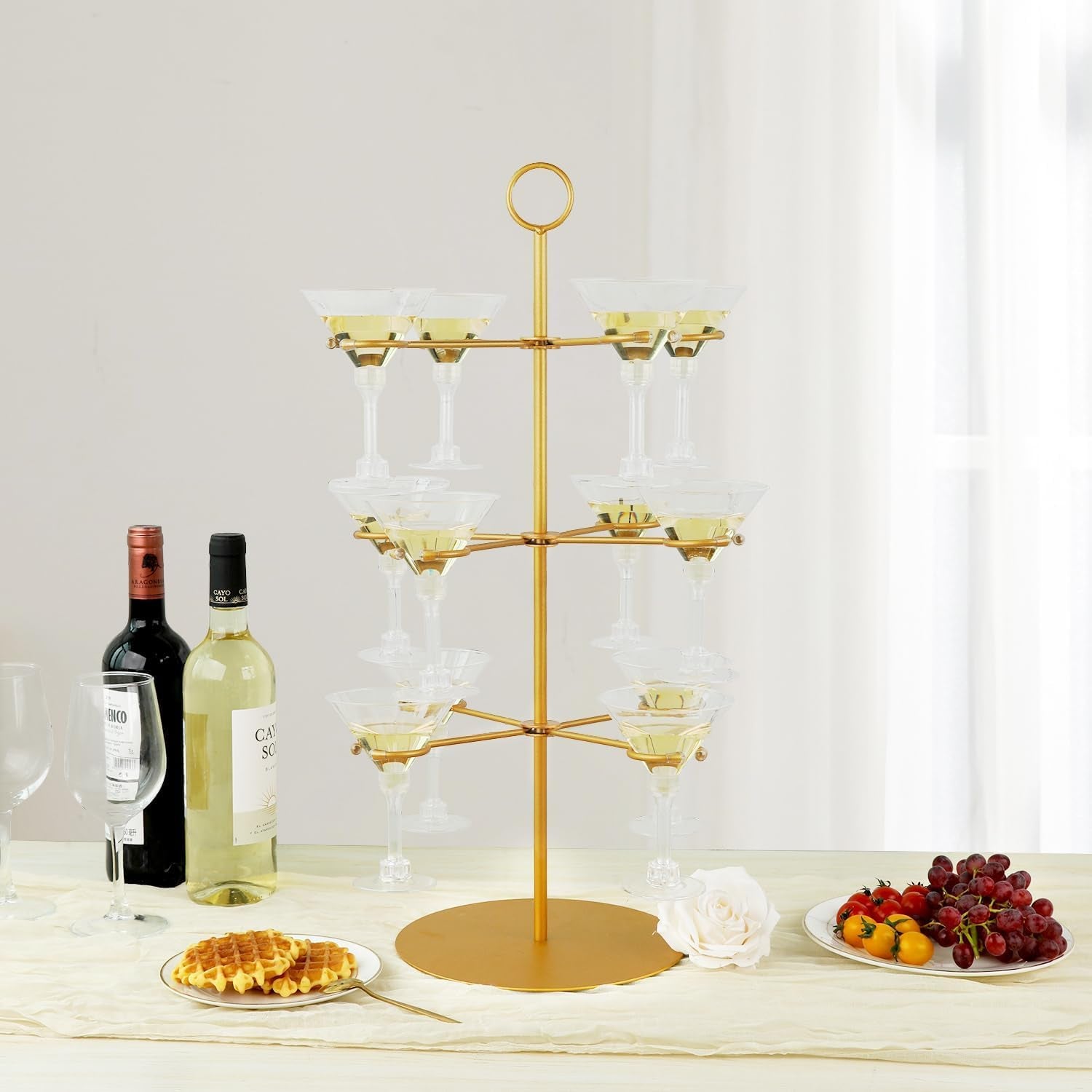 Champagne Tower,Metal Cocktail Tree Stand 3 Tier - 12 Holders for Champagne, Cocktails, Martini, Margarita Cups at Weddings,Bridal Parties & Events,Cocktail Glass Gold Holder