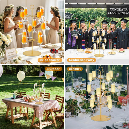 Champagne Tower,Metal Cocktail Tree Stand 3 Tier - 12 Holders for Champagne, Cocktails, Martini, Margarita Cups at Weddings,Bridal Parties & Events,Cocktail Glass Gold Holder