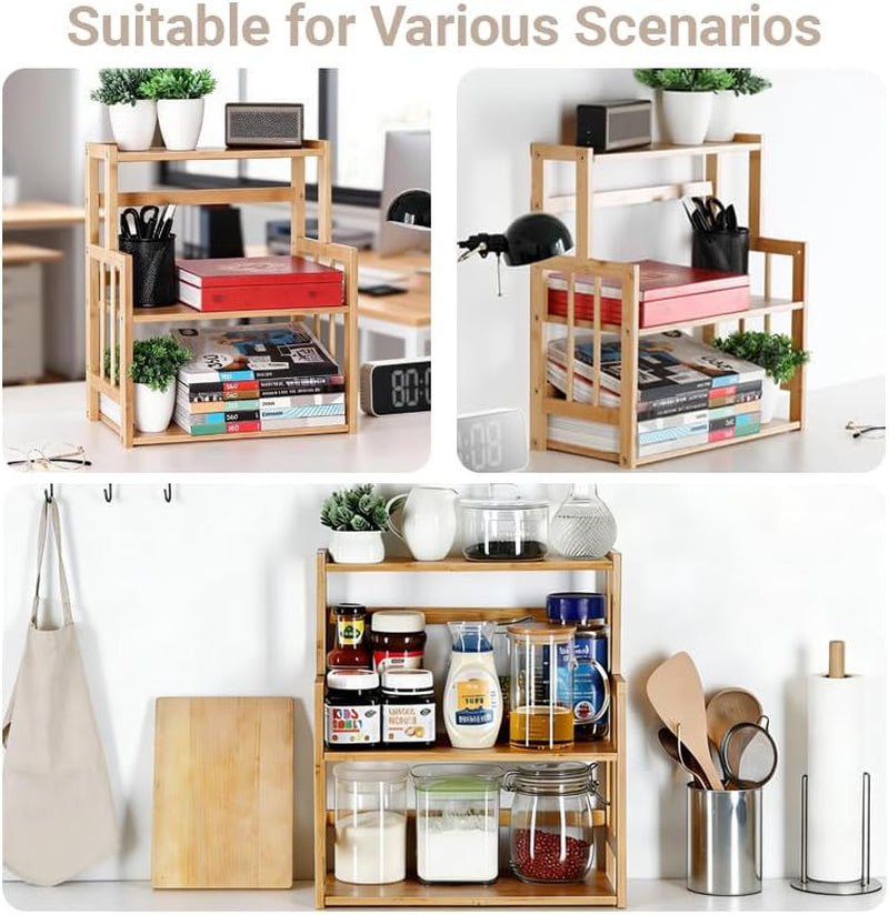Bamboo Spice Rack 3-Tier Kitchen Countertop Organizer, Adjustable Shelf Pantry Storage Stand for Herbs, Jars, and Bottles