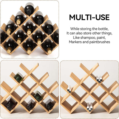 Wood Wine Rack, 13-Bottle 4-Tier Countertop Holder, Natural, 4-NA | 22.28 X 5.9 X 13.9 In, Freestanding Wooden Rack Stores 13 Wine Bottles for Counters, Cabinets, Pantry Shelves, and Home Bars