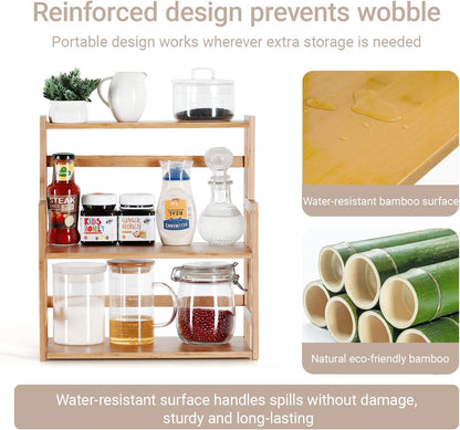 Bamboo Spice Rack 3-Tier Kitchen Countertop Organizer, Adjustable Shelf Pantry Storage Stand for Herbs, Jars, and Bottles