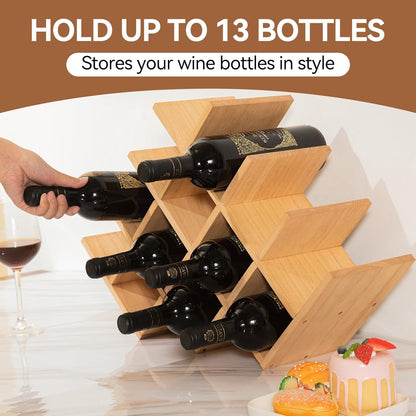 Wood Wine Rack, 13-Bottle 4-Tier Countertop Holder, Natural, 4-NA | 22.28 X 5.9 X 13.9 In, Freestanding Wooden Rack Stores 13 Wine Bottles for Counters, Cabinets, Pantry Shelves, and Home Bars