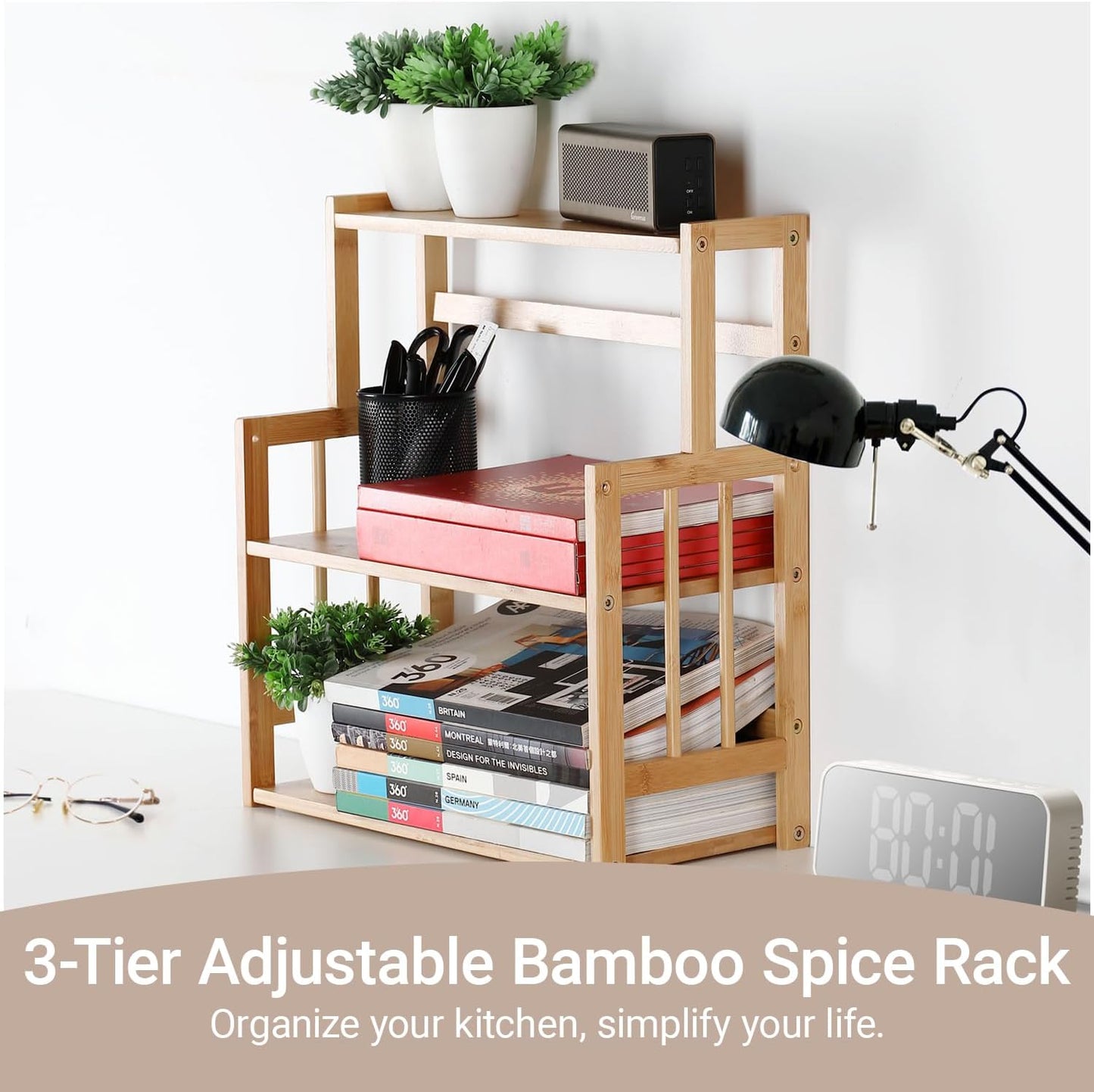 Bamboo Spice Rack 3-Tier Kitchen Countertop Organizer, Adjustable Shelf Pantry Storage Stand for Herbs, Jars, and Bottles
