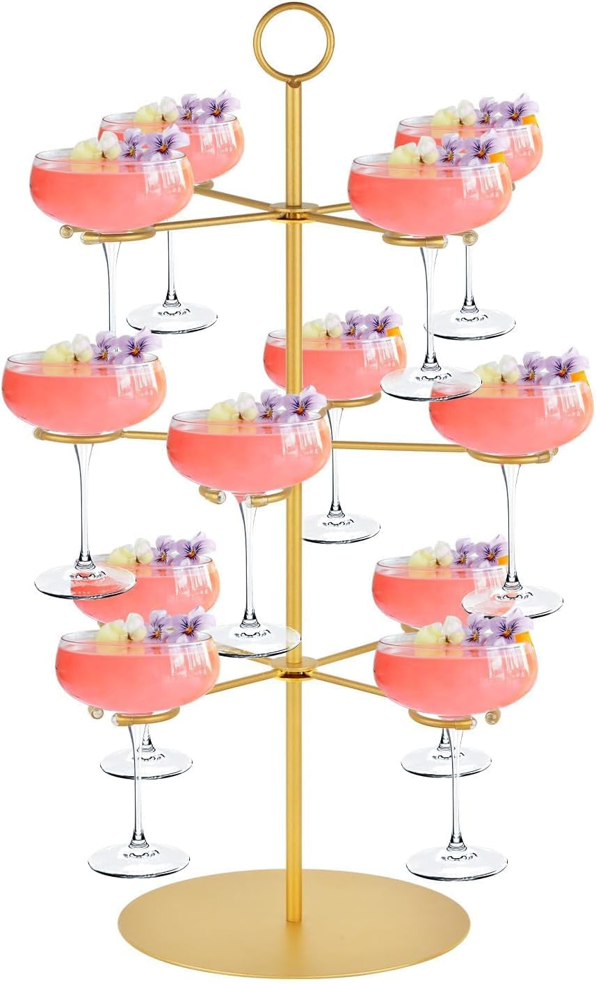 Champagne Tower,Metal Cocktail Tree Stand 3 Tier - 12 Holders for Champagne, Cocktails, Martini, Margarita Cups at Weddings,Bridal Parties & Events,Cocktail Glass Gold Holder