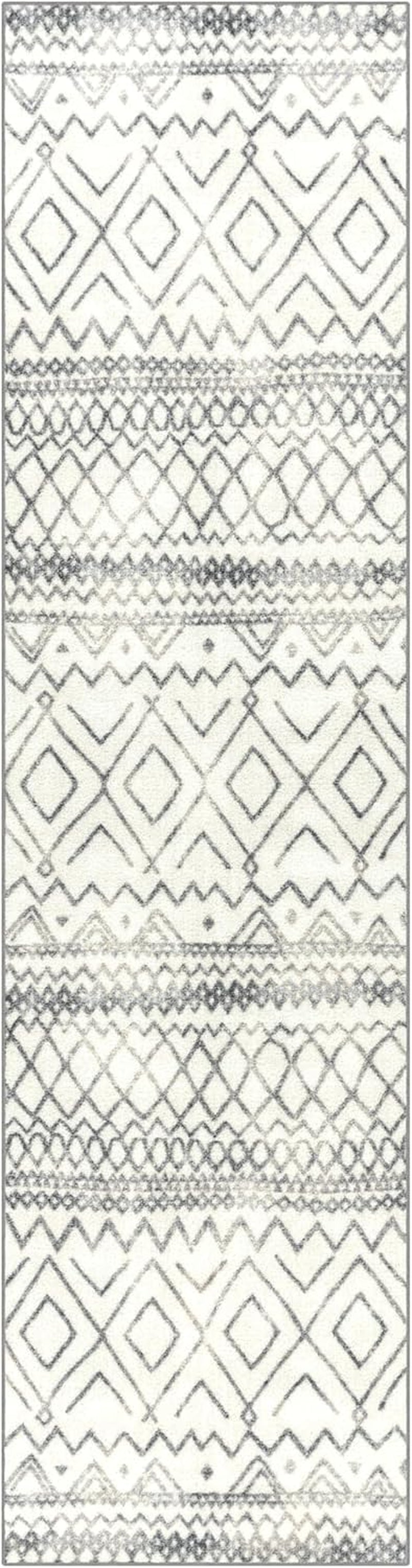 Diamond Distressed Moroccan Runner Rug - Made in USA – Washable, Non Slip Indoor Long Carpet for Hallway, Kitchen, and Laundry Room, 2'6 X 10', Ivory/Gray