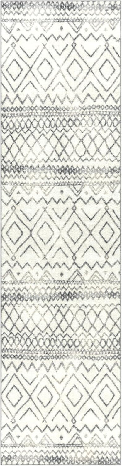 Diamond Distressed Moroccan Runner Rug - Made in USA – Washable, Non Slip Indoor Long Carpet for Hallway, Kitchen, and Laundry Room, 2'6 X 10', Ivory/Gray