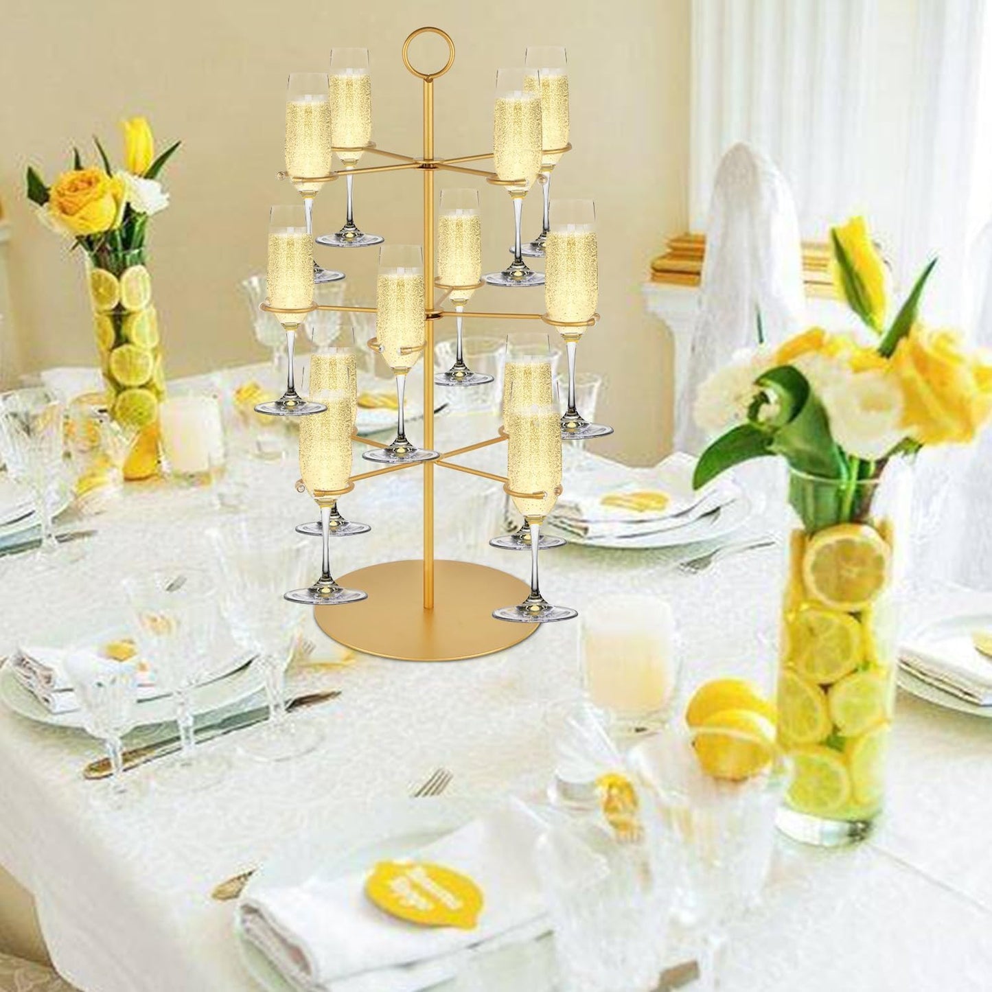 Champagne Tower,Metal Cocktail Tree Stand 3 Tier - 12 Holders for Champagne, Cocktails, Martini, Margarita Cups at Weddings,Bridal Parties & Events,Cocktail Glass Gold Holder