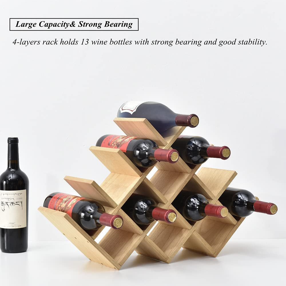 Wood Wine Rack, 13-Bottle 4-Tier Countertop Holder, Natural, 4-NA | 22.28 X 5.9 X 13.9 In, Freestanding Wooden Rack Stores 13 Wine Bottles for Counters, Cabinets, Pantry Shelves, and Home Bars