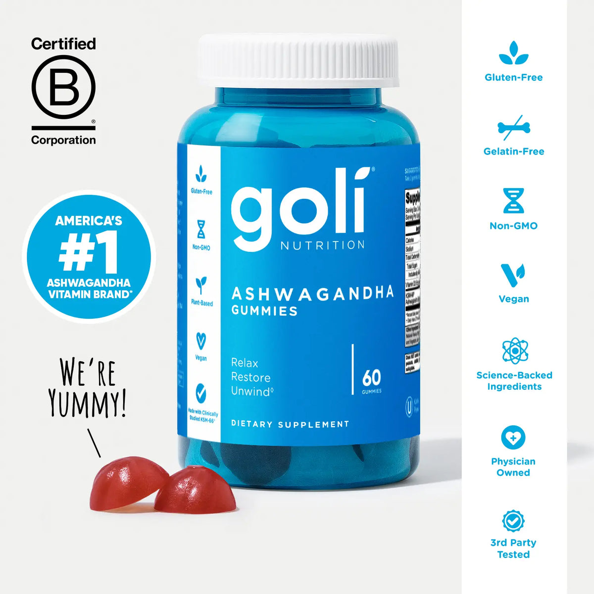 Goli Ashwagandha & Vitamin D Gummy - Mixed Berry, KSM-66, Vegan, Plant Based, Non-Gmo, Gluten-Free & Gelatin Free. America'S #1 Ashwagandha Brand