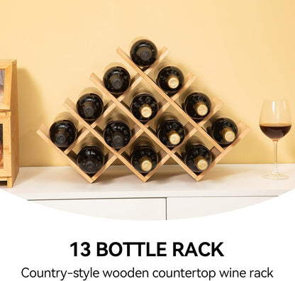 Wood Wine Rack, 13-Bottle 4-Tier Countertop Holder, Natural, 4-NA | 22.28 X 5.9 X 13.9 In, Freestanding Wooden Rack Stores 13 Wine Bottles for Counters, Cabinets, Pantry Shelves, and Home Bars