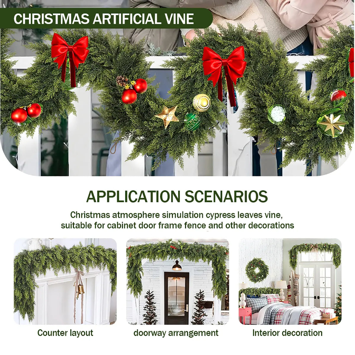 6 FT 2 Pcs Artificial Cedar Garlands, Real Touch Winter Cedar Garland, Green Artificial Greenery Pine Garland for Table, Mantle, Wall, Indoor, Outdoor Christmas Decorations (2, 6 FT)