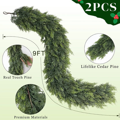 6 FT 2 Pcs Artificial Cedar Garlands, Real Touch Winter Cedar Garland, Green Artificial Greenery Pine Garland for Table, Mantle, Wall, Indoor, Outdoor Christmas Decorations (2, 6 FT)