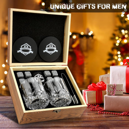 Whiskey Stones Gift for Men, Whiskey Glasses Set of 2 with Premium Wood Box | 8 Granite Chilling Whiskey Rocks, Scotch Bourbon Gifts for Men Him Dad Husband Boss, Ideal for Fathers Day, Birthday, Holiday