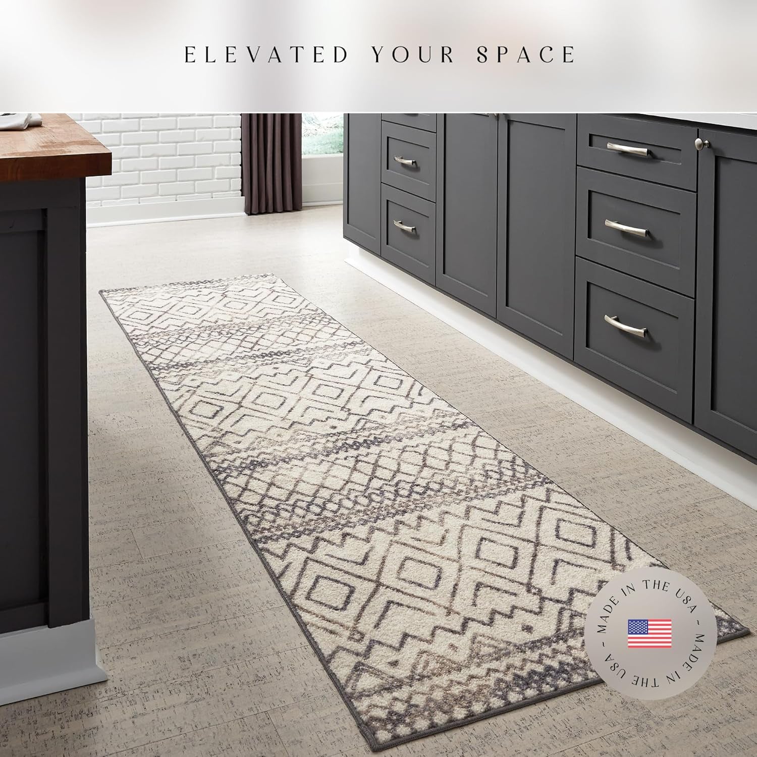 Diamond Distressed Moroccan Runner Rug - Made in USA – Washable, Non Slip Indoor Long Carpet for Hallway, Kitchen, and Laundry Room, 2'6 X 10', Ivory/Gray