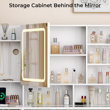 Large 47.2" Makeup Vanity with 3 Color Lights, Vanity Desk with USB Charging Station, Vanity Makeup Table with Visible Drawers, Hidden and Open Storage Shelves, White